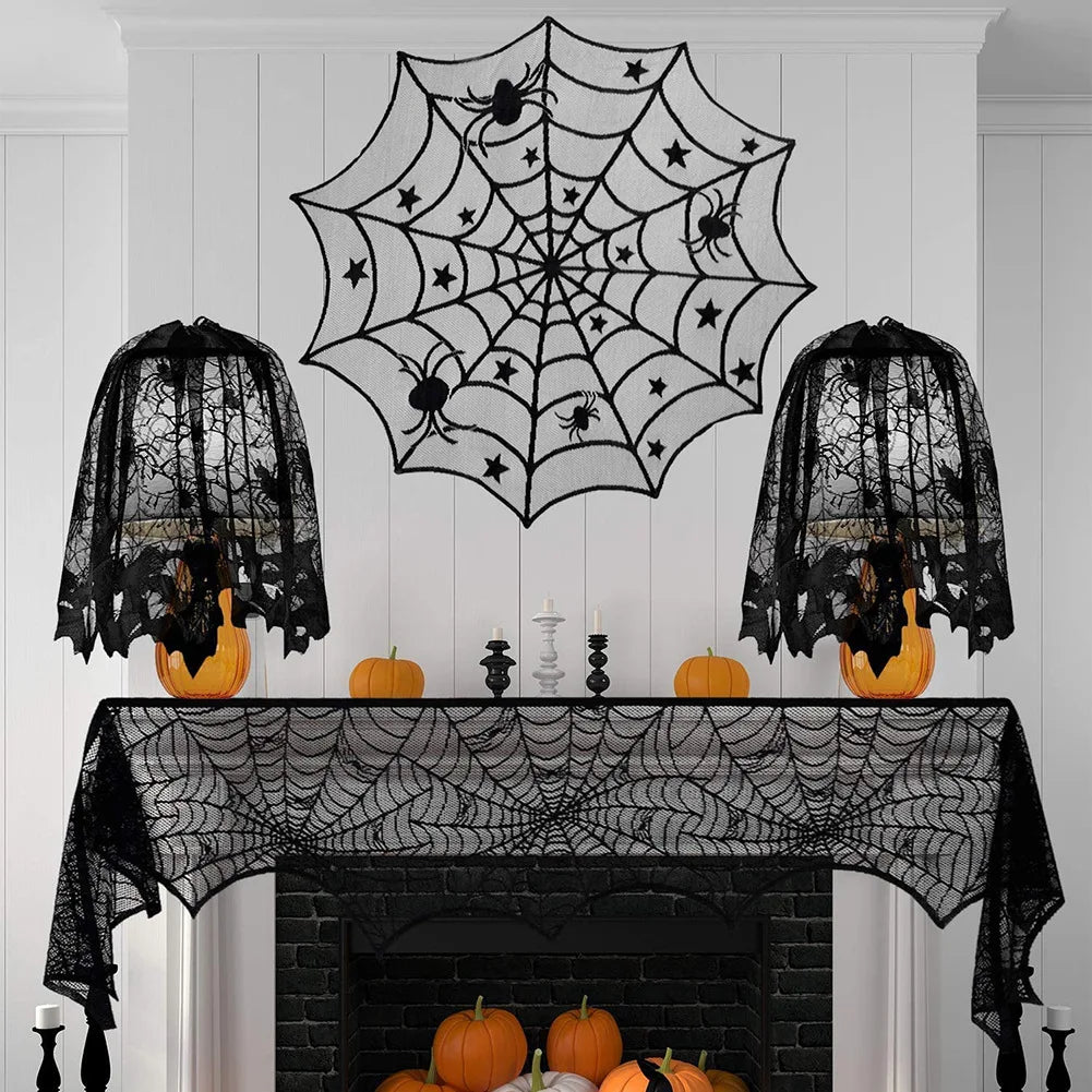 Black Lace Spiderweb Decor Collection | Halloween Mantel Scarf, Lampshade Covers & Table Topper