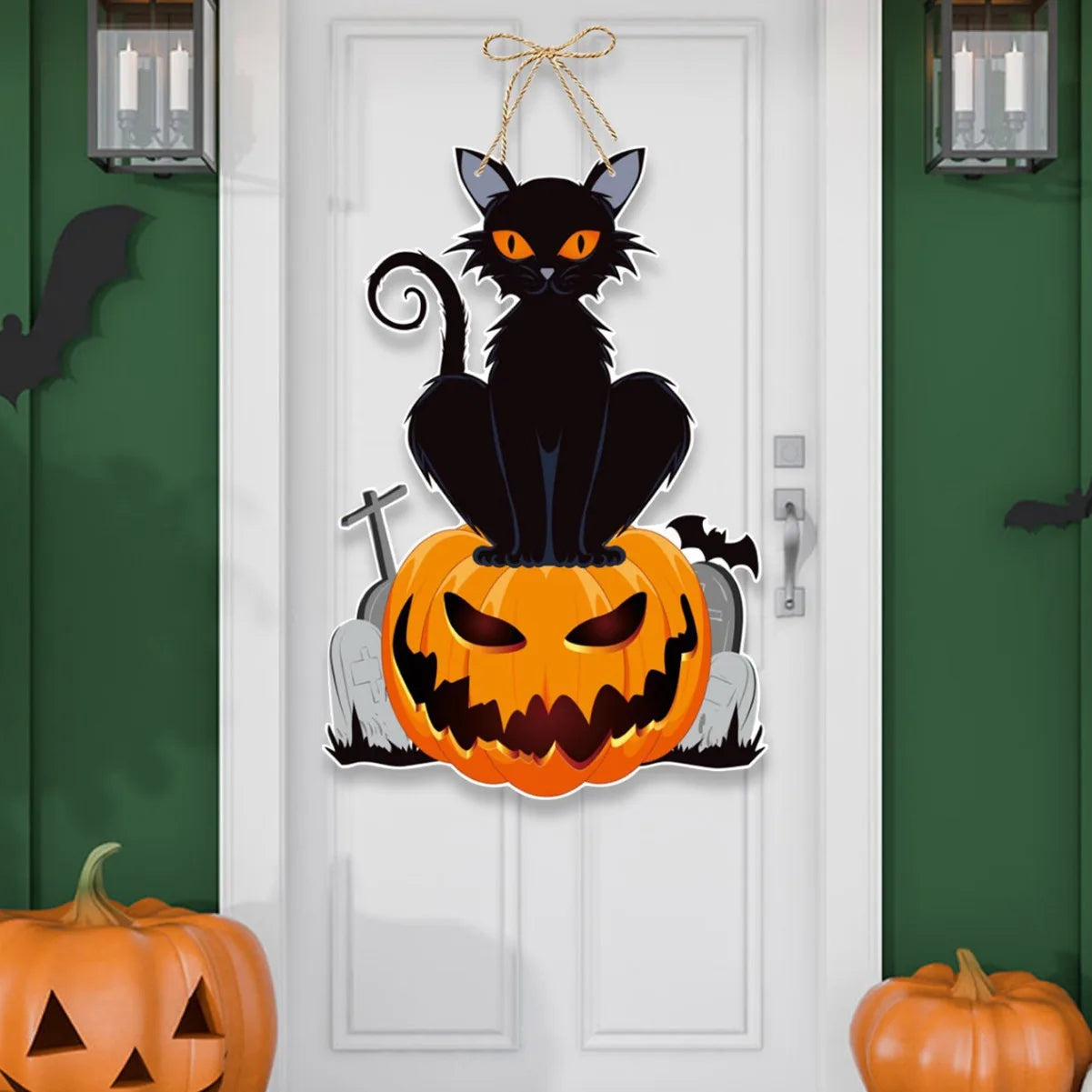 Cute Bat & Pumpkin "Trick or Treat" Hanging Door Sign | Cartoon Halloween Decor