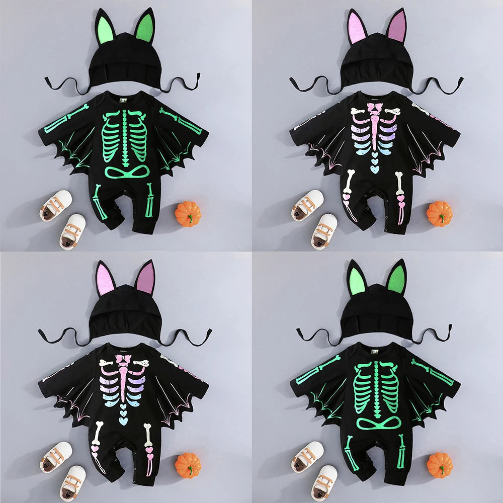 Glow-in-the-Dark Skeleton Bat Romper & Hat Set - Infant Halloween Costume