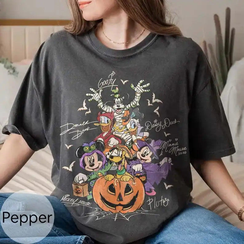 Vintage-Style Disney Halloween T-Shirt | Mickey &amp; Friends Costume Party Tee | Retro Cartoon Shirt