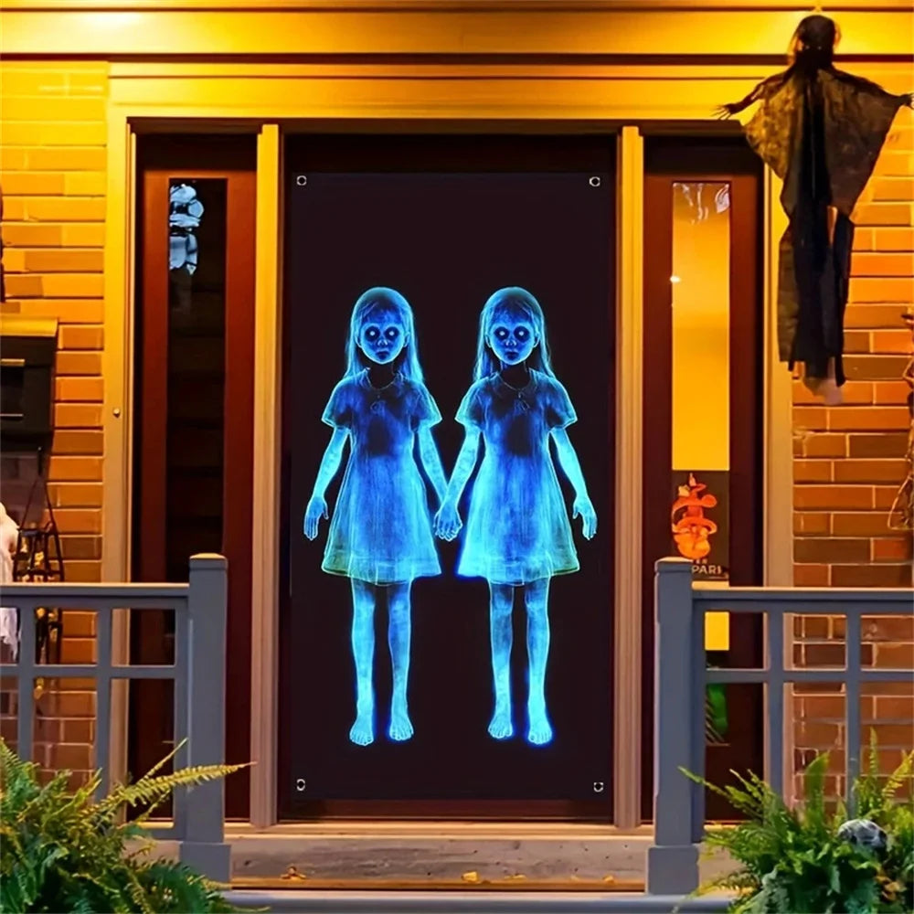 Creepy Ghost Twins Horror Banner | Scary Halloween Party Backdrop