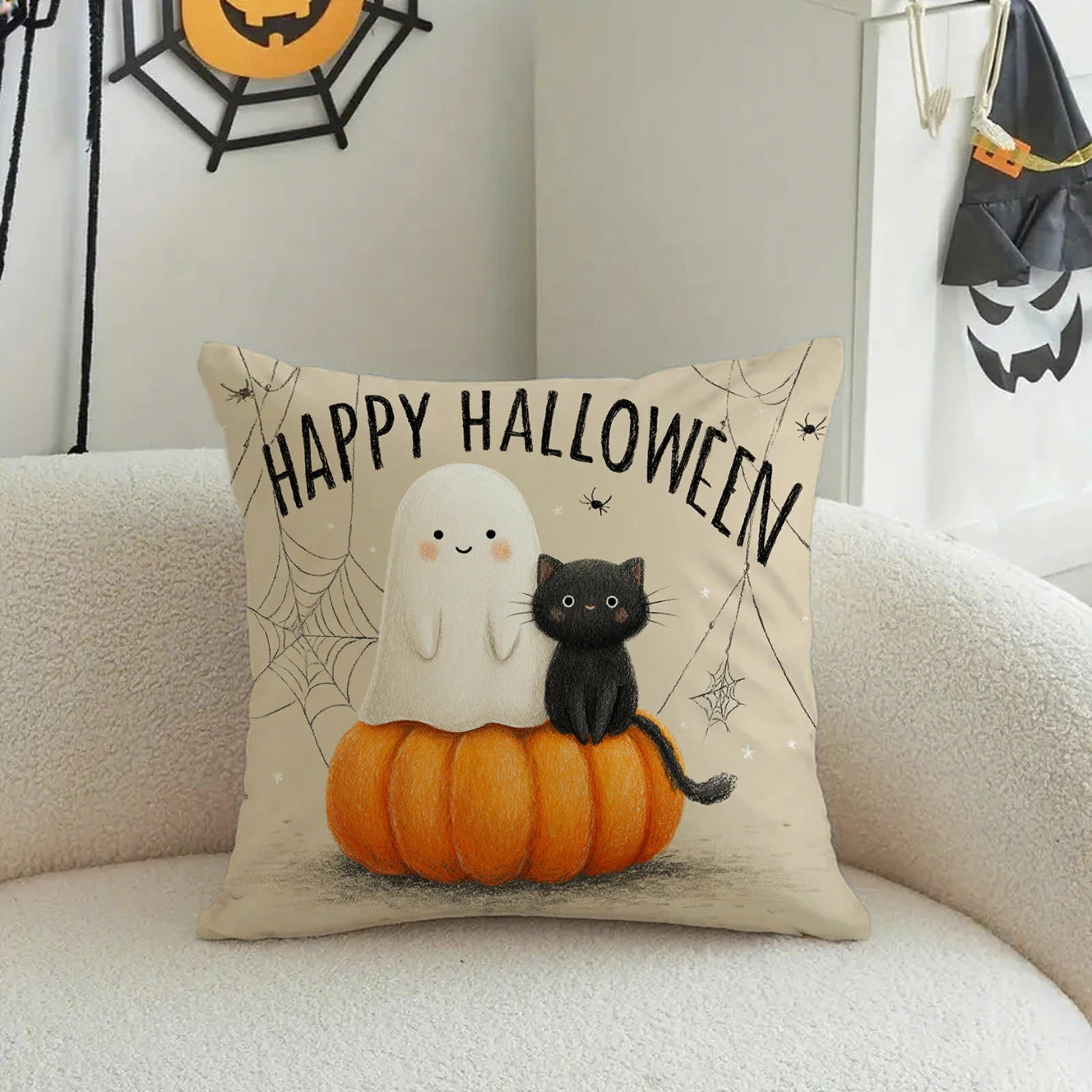 Cute Ghost & Black Cat Pillow Covers | "Happy Halloween" Cushion Case (Case Only)