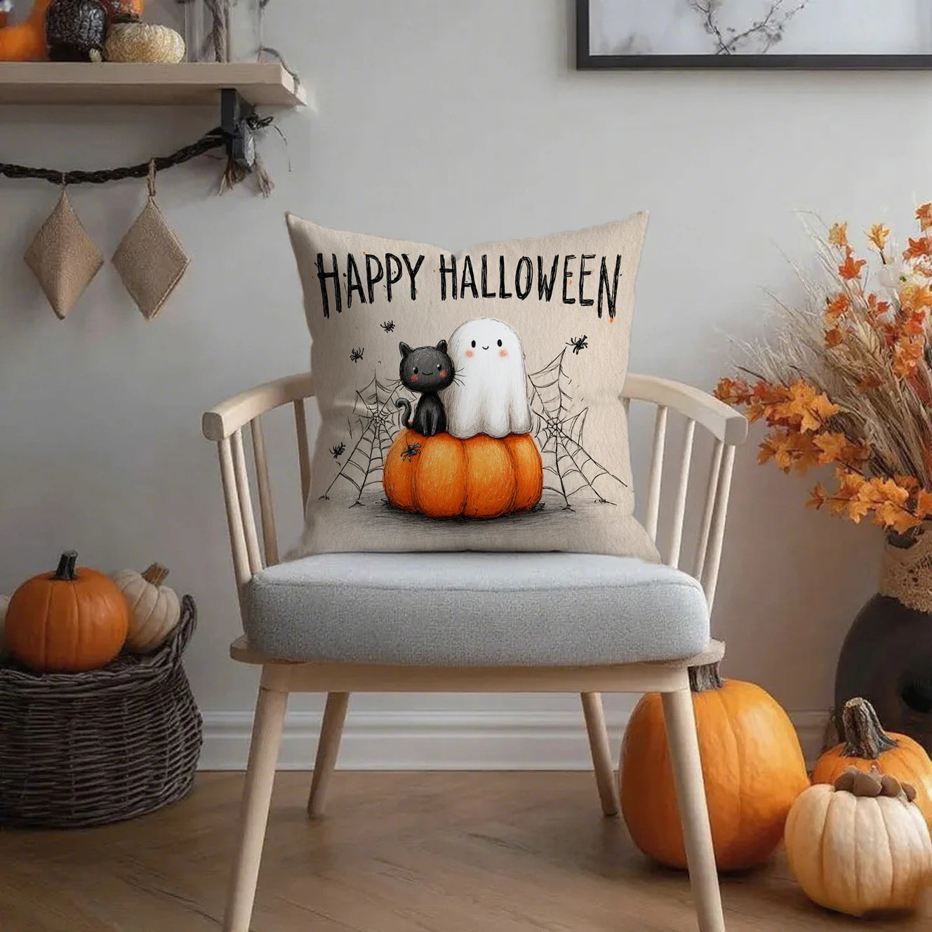 Cute Ghost & Black Cat Pillow Covers | "Happy Halloween" Cushion Case (Case Only)