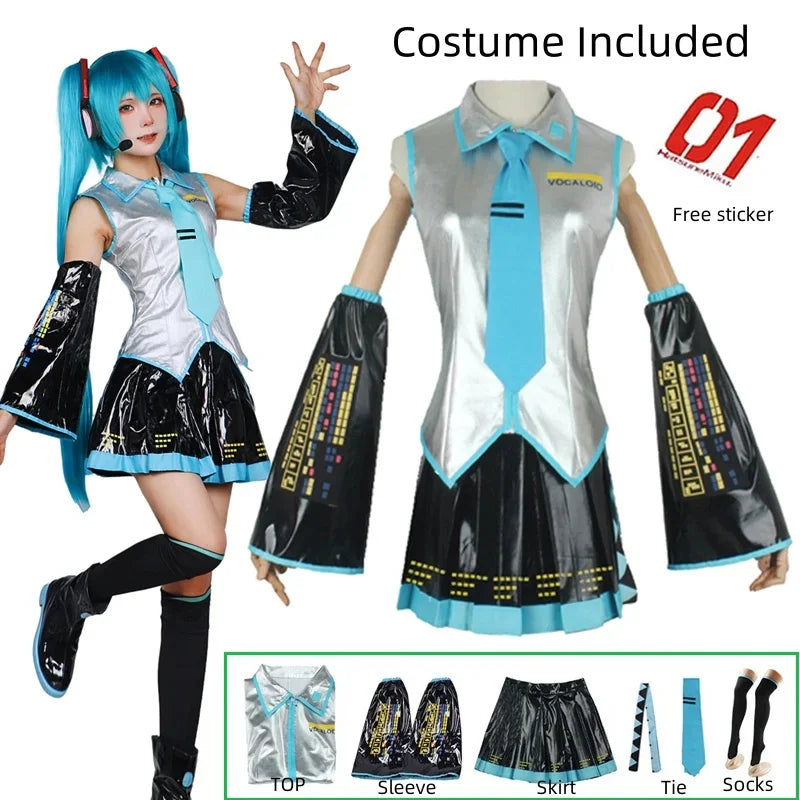 Miku Cosplay Full Set Silver Leather Fabric Suit | JK Sailor Dress High School Uniform Halloween