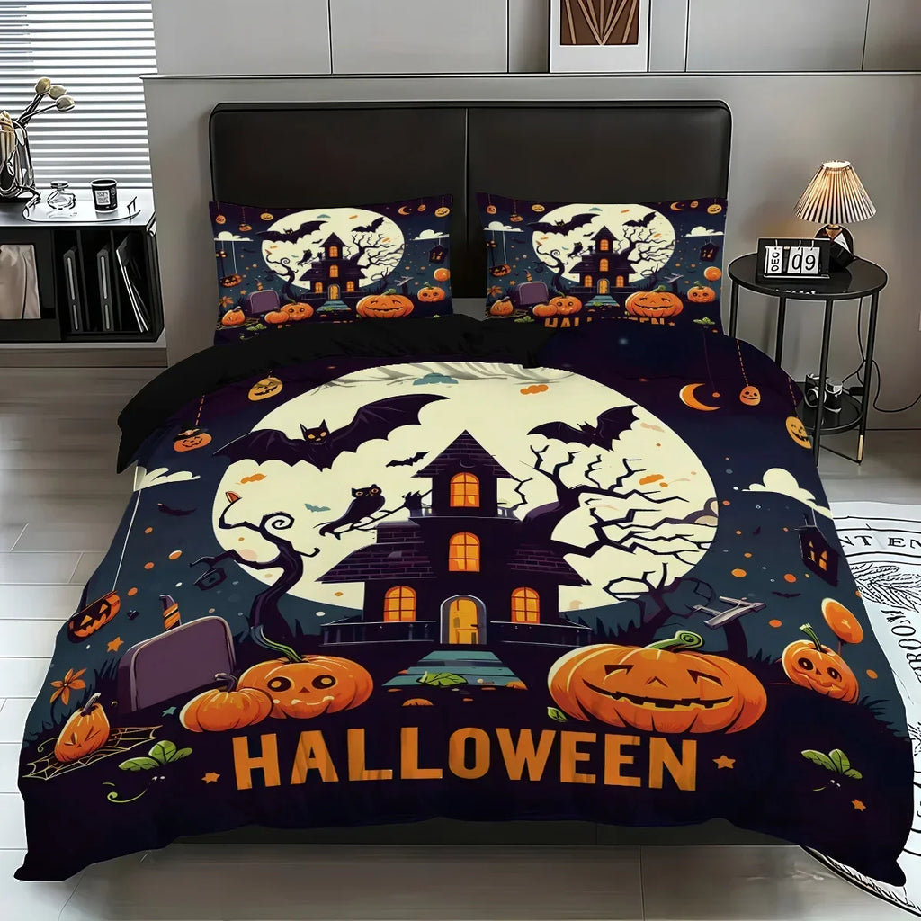 Cute Ghost & Witch Hat 3-Piece Bedding Set | Halloween Duvet Cover with 2 Pillowcases