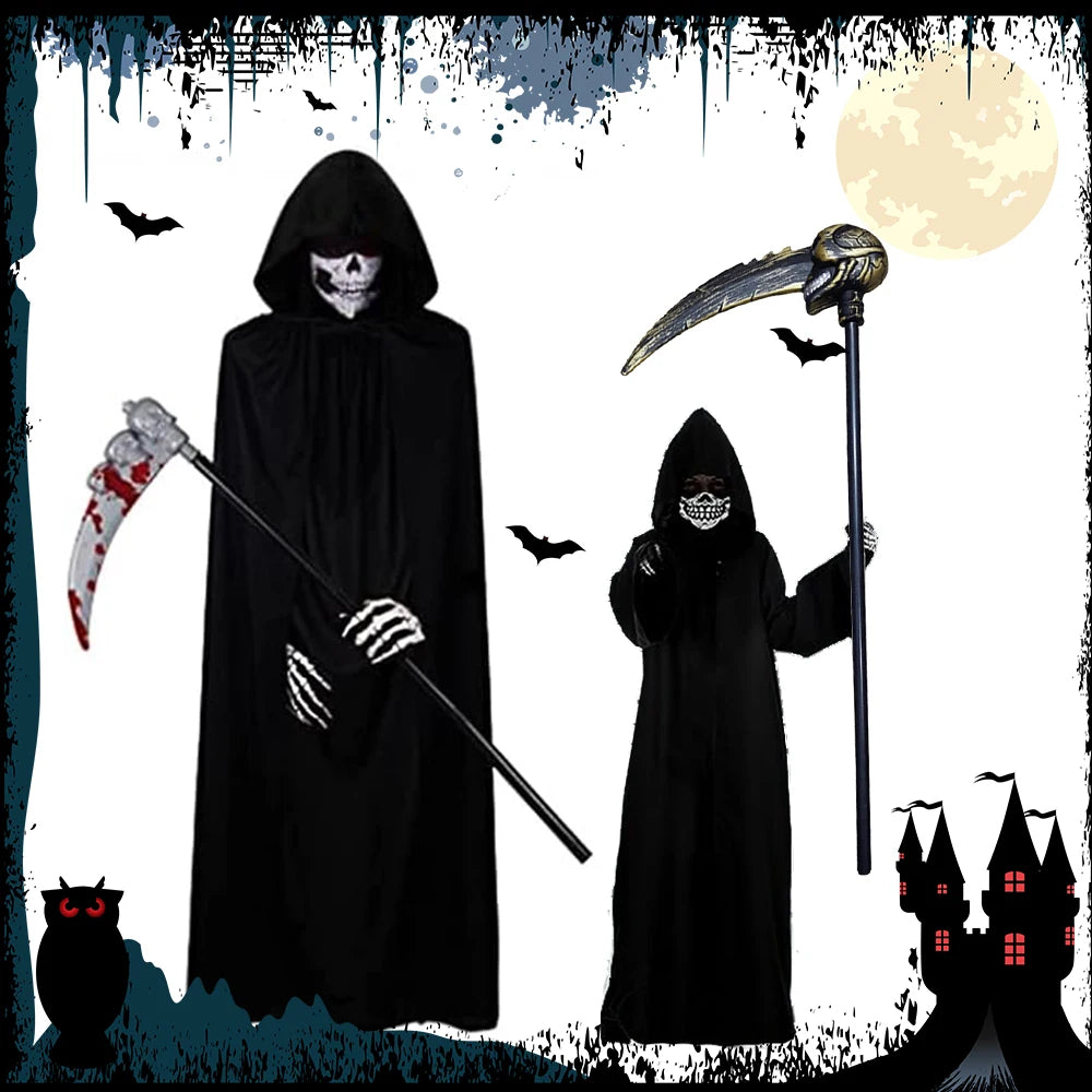 Complete Grim Reaper Costume Set | Includes Robe, Mask, Scythe &amp; GLOW-IN-THE-DARK Gloves (Adult & Kids Sizes)