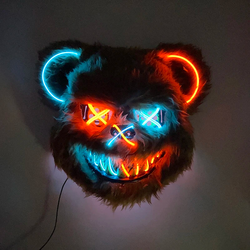 Scary LED Light-Up Halloween Mask | Creepy Rabbit &amp; Bloody Bear Styles | 3-Mode EL Wire Purge Mask