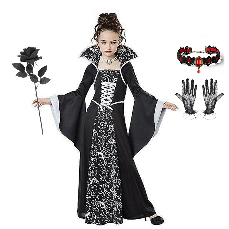 Gothic Vampire Queen Costume for Girls | Elegant Witch Dress Set with Hat & Rose