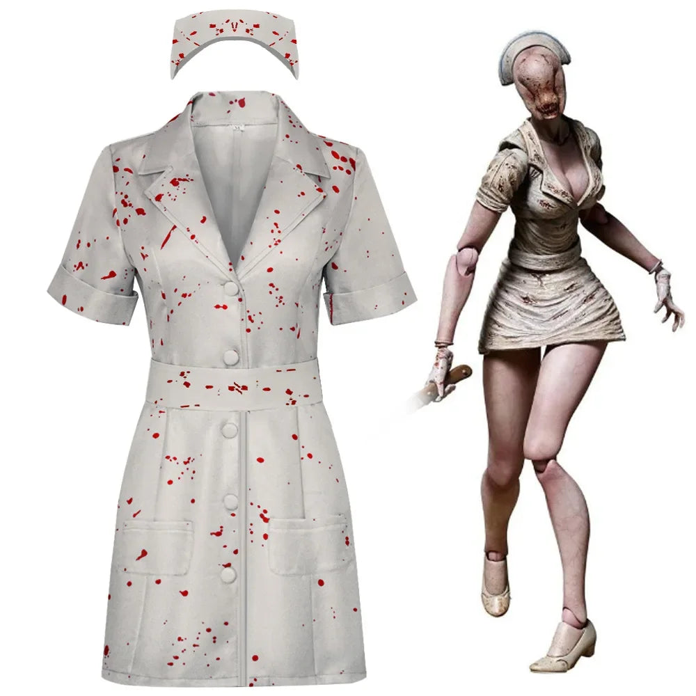Silent Hill Nurse Cosplay Costume | Horror Bloody Doctor Puppet Bubble Head Faceless Halloween Nurse | White Bloodstained Dress