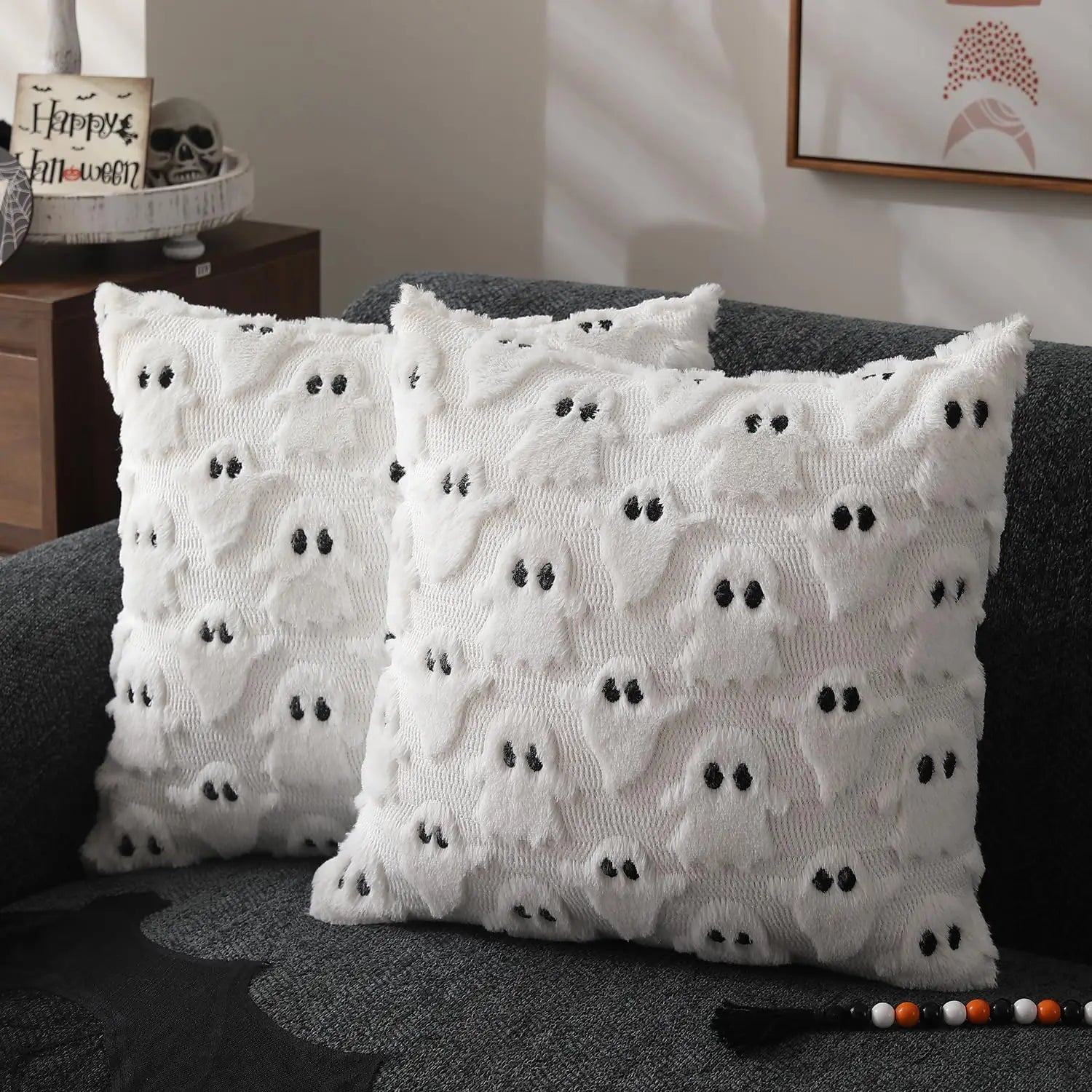 Tufted Ghost & Pumpkin Pillow Cover | Cozy Faux Fur Cute Halloween Decor (Case Only)