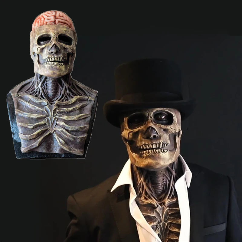 Scary Skeleton Gentleman Mask | Full Head & Chest Latex Horror Mask with Top Hat
