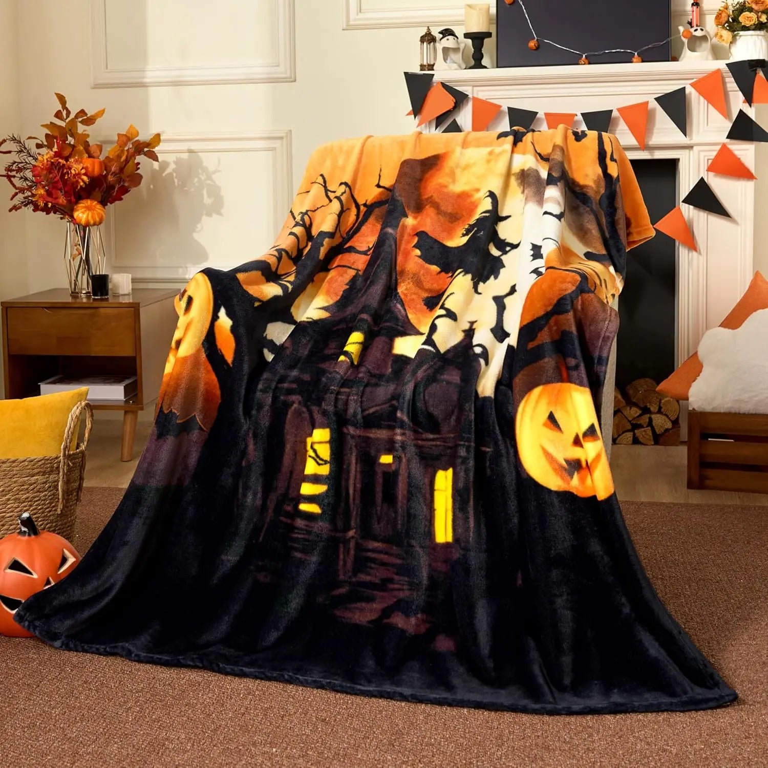 Cute Pumpkin &amp; Candy Plush Throw | Ultra-Soft Coral Fleece Halloween Blanket