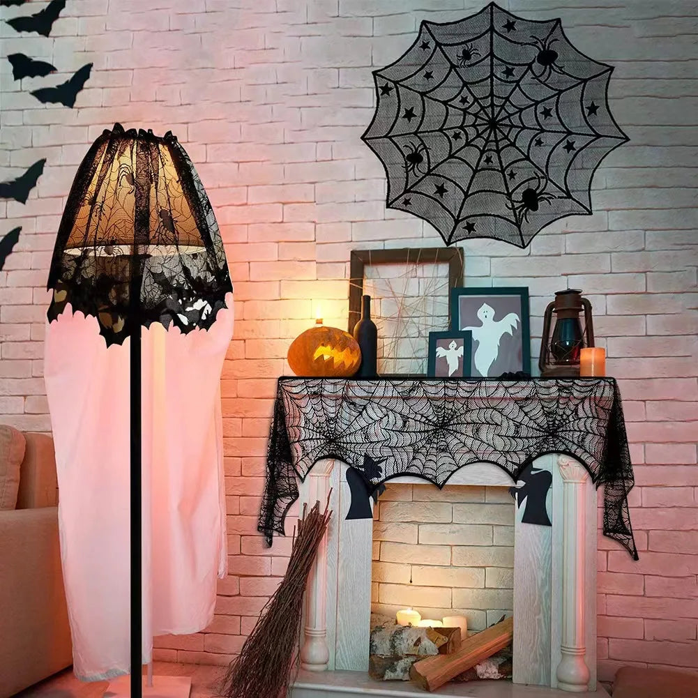 Black Lace Spiderweb Decor Collection | Halloween Mantel Scarf, Lampshade Covers & Table Topper