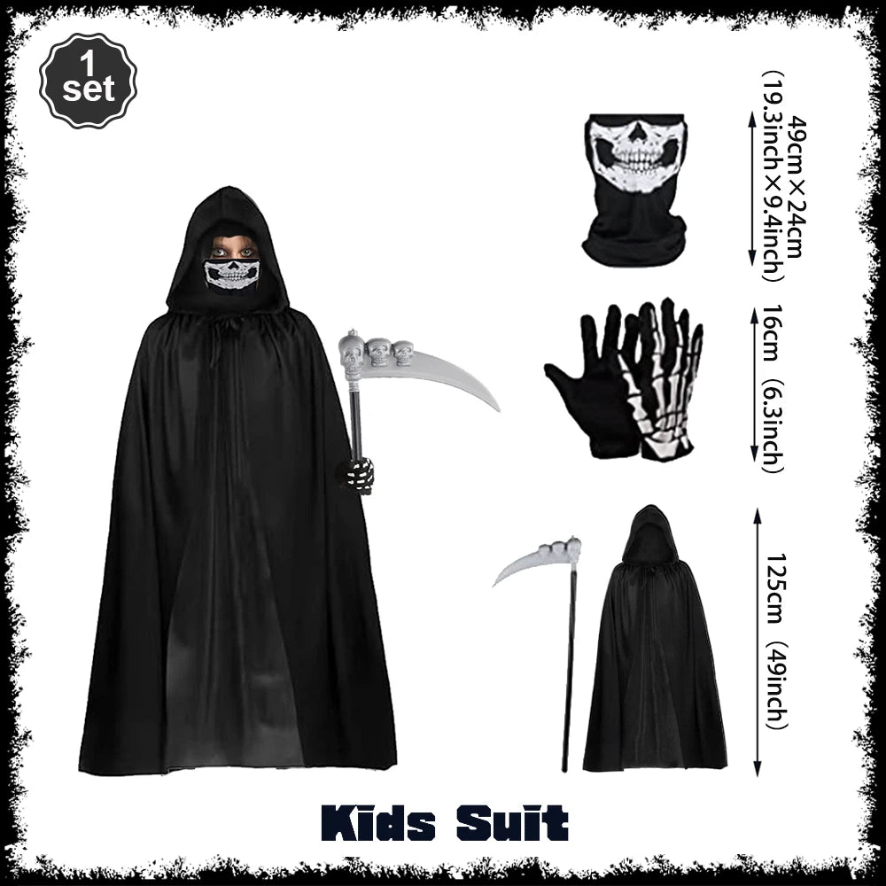 Complete Grim Reaper Costume Set | Includes Robe, Mask, Scythe &amp; GLOW-IN-THE-DARK Gloves (Adult & Kids Sizes)
