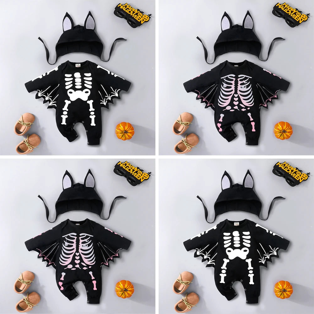 Glow-in-the-Dark Skeleton Bat Romper & Hat Set - Infant Halloween Costume