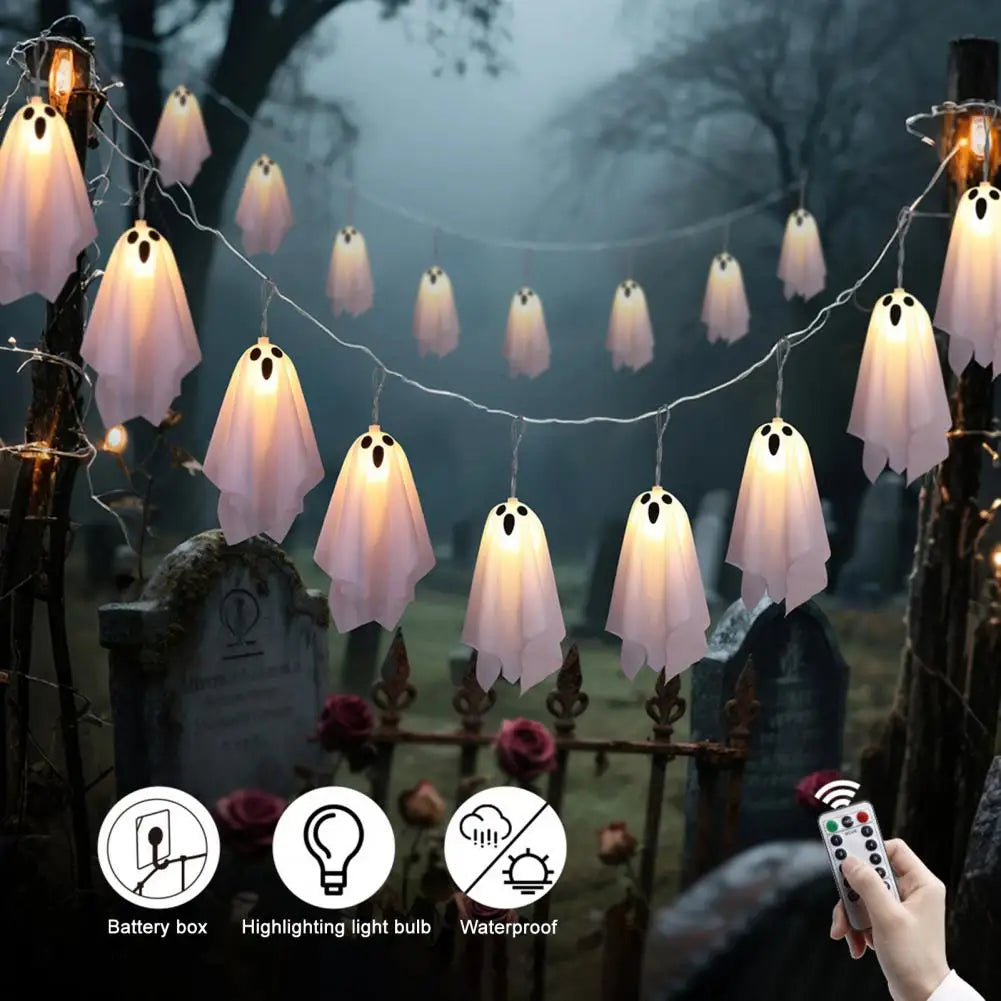 Cute Ghost String Lights (10-Pcs) | 8-Mode Light-Up Hanging Ghost Decor by Halloween Ready