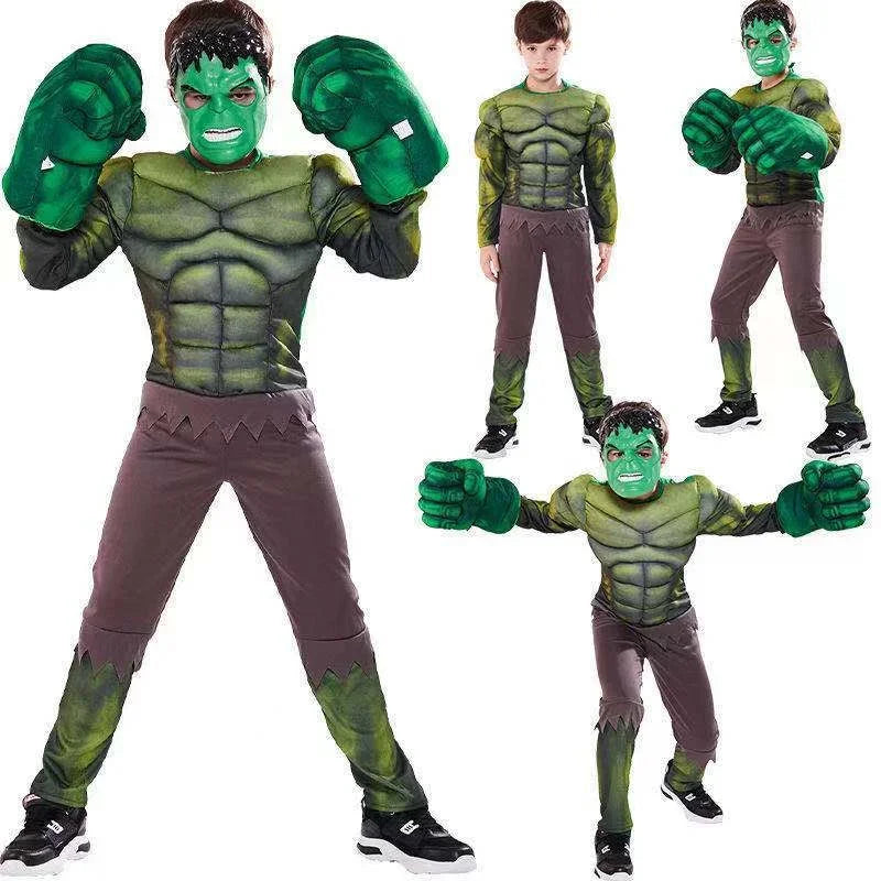 Boys Green Hulk Superhero Muscle Costume | Incredible Monster Jumpsuit Set with Mask