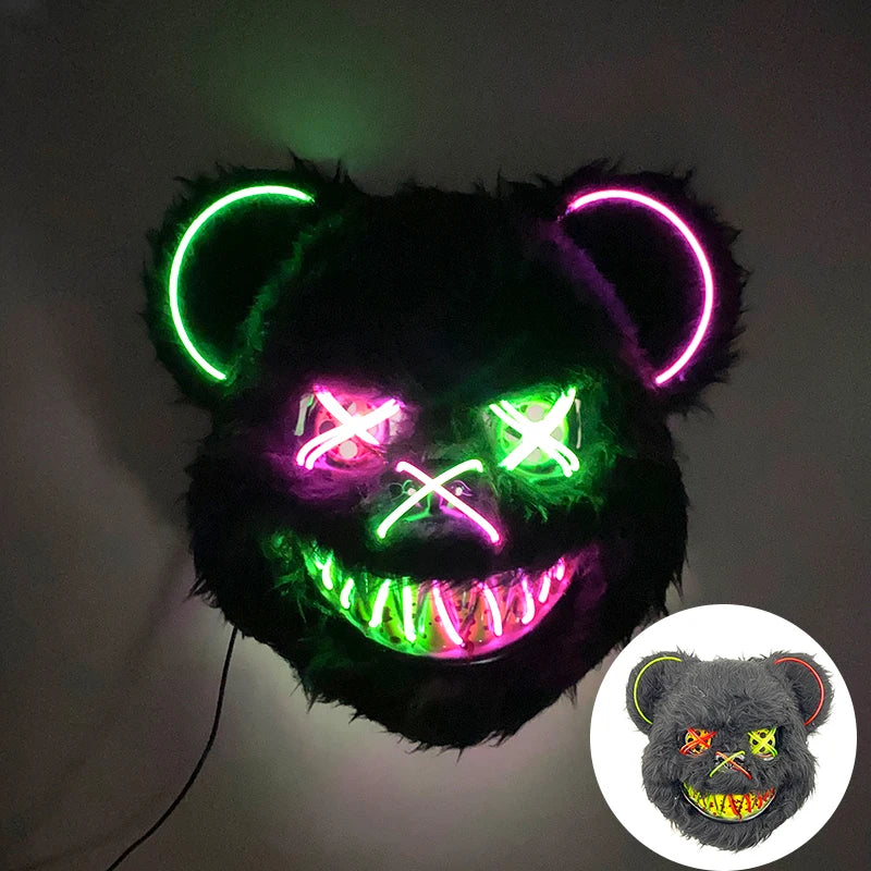 Scary LED Light-Up Halloween Mask | Creepy Rabbit &amp; Bloody Bear Styles | 3-Mode EL Wire Purge Mask