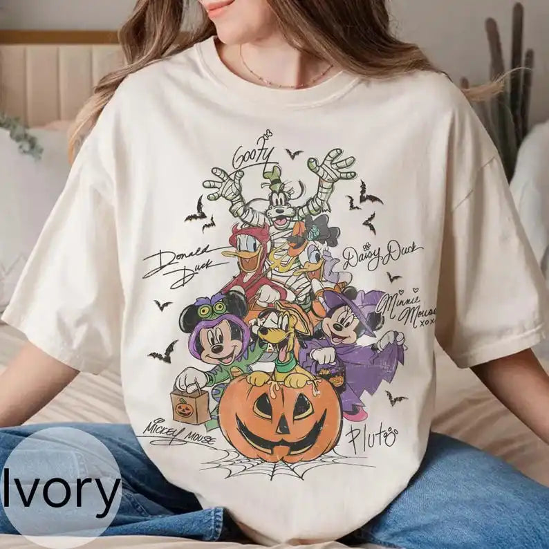 Vintage-Style Disney Halloween T-Shirt | Mickey &amp; Friends Costume Party Tee | Retro Cartoon Shirt