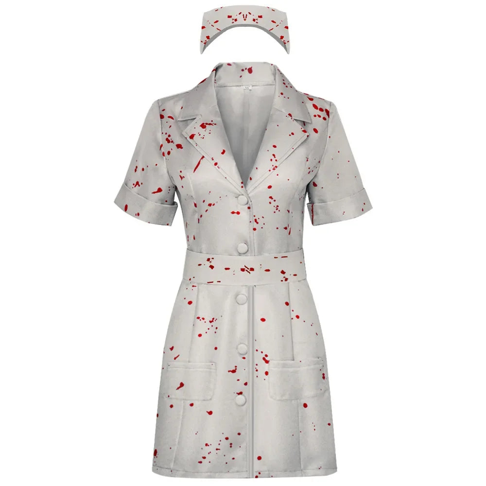 Silent Hill Nurse Cosplay Costume | Horror Bloody Doctor Puppet Bubble Head Faceless Halloween Nurse | White Bloodstained Dress