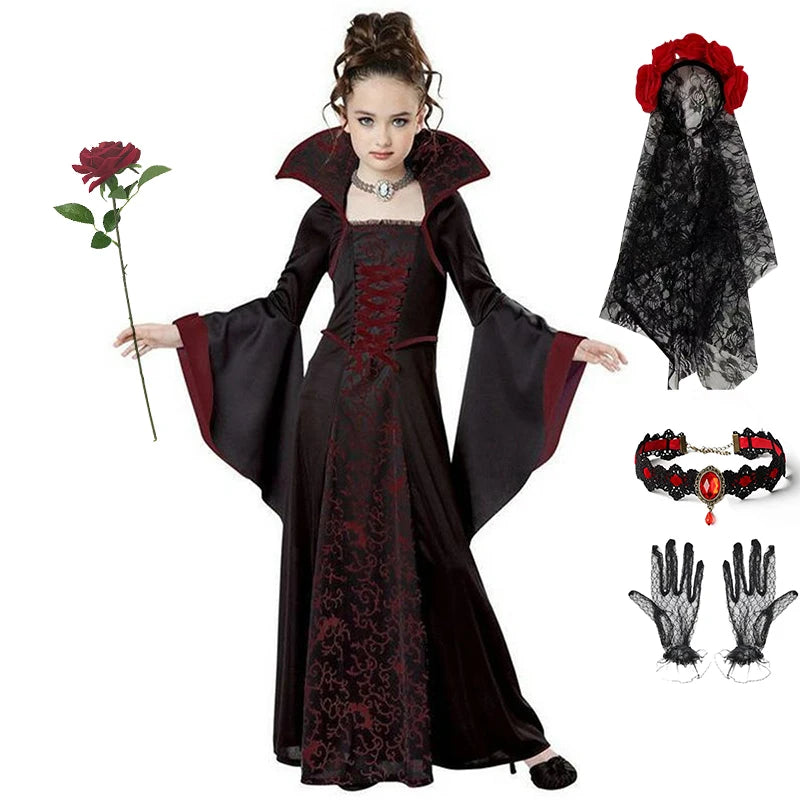 Gothic Vampire Queen Costume for Girls | Elegant Witch Dress Set with Hat & Rose
