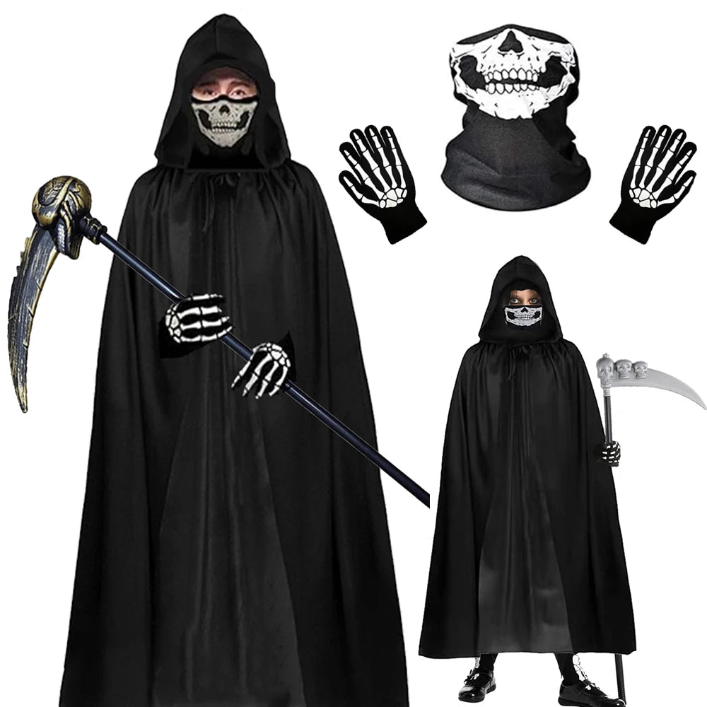 Complete Grim Reaper Costume Set | Includes Robe, Mask, Scythe &amp; GLOW-IN-THE-DARK Gloves (Adult & Kids Sizes)