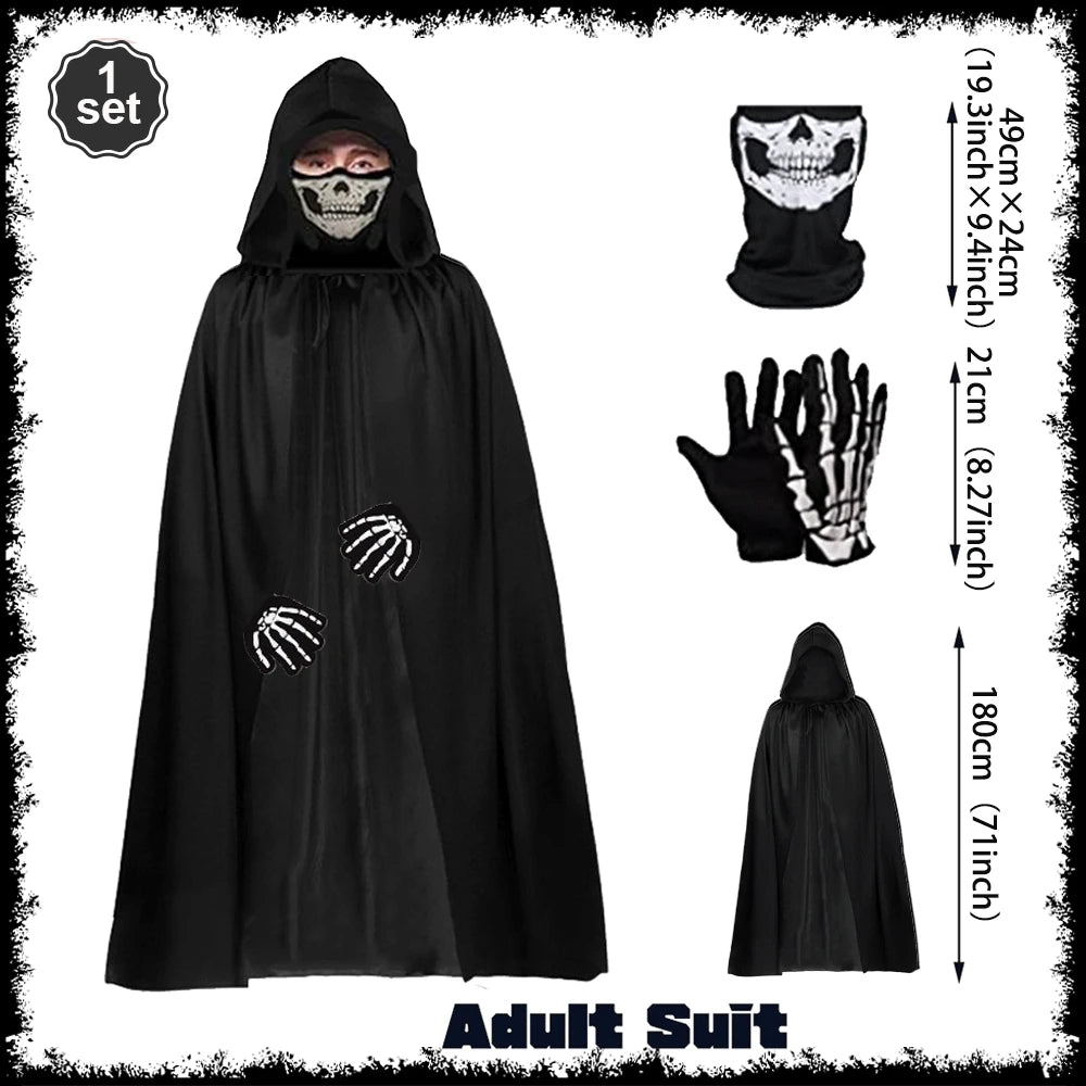 Complete Grim Reaper Costume Set | Includes Robe, Mask, Scythe &amp; GLOW-IN-THE-DARK Gloves (Adult & Kids Sizes)
