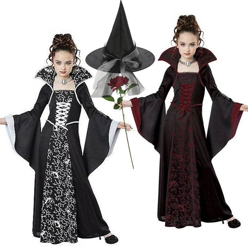 Gothic Vampire Queen Costume for Girls | Elegant Witch Dress Set with Hat & Rose