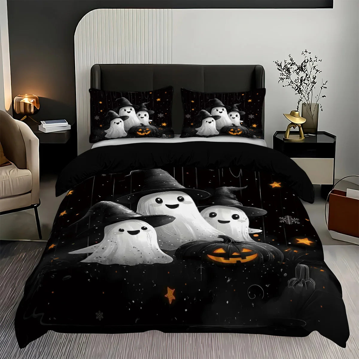Cute Ghost & Witch Hat 3-Piece Bedding Set | Halloween Duvet Cover with 2 Pillowcases