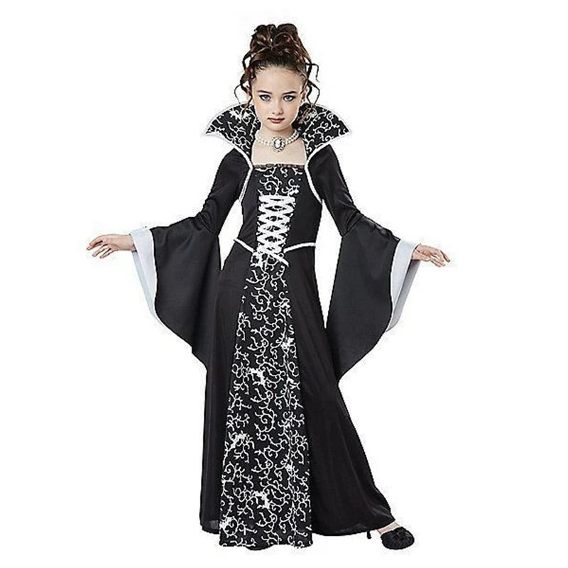 Gothic Vampire Queen Costume for Girls | Elegant Witch Dress Set with Hat & Rose