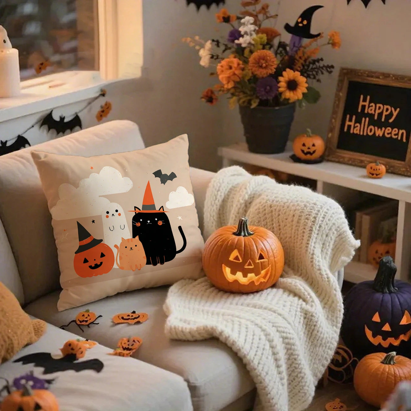 Cute Halloween Pillow Covers | Witch, Black Cat & Ghost Throw Cushion Cases (Case Only)
