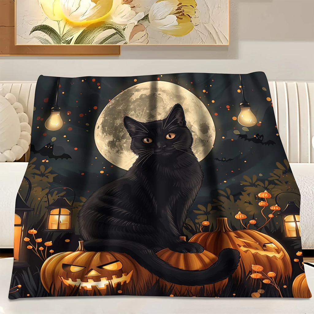 Black Cat & Full Moon Plush Throw | Cozy Coral Fleece Halloween Blanket