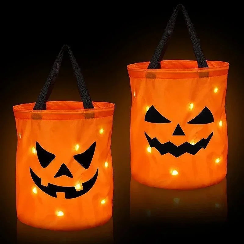 Light-Up LED Halloween Trick-or-Treat Bag | Glowing Jack-o'-Lantern Candy Basket