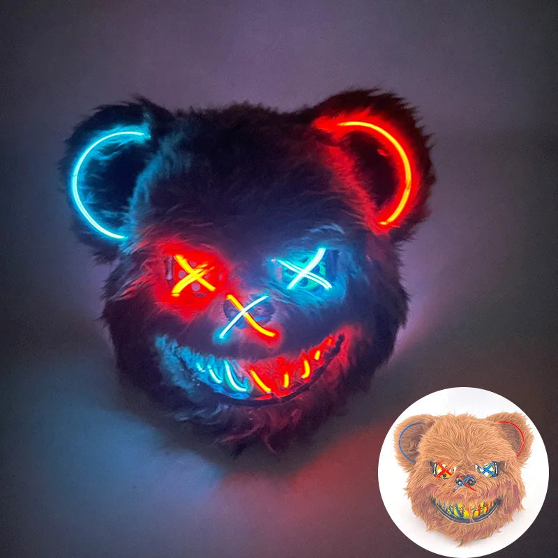 Scary LED Light-Up Halloween Mask | Creepy Rabbit &amp; Bloody Bear Styles | 3-Mode EL Wire Purge Mask