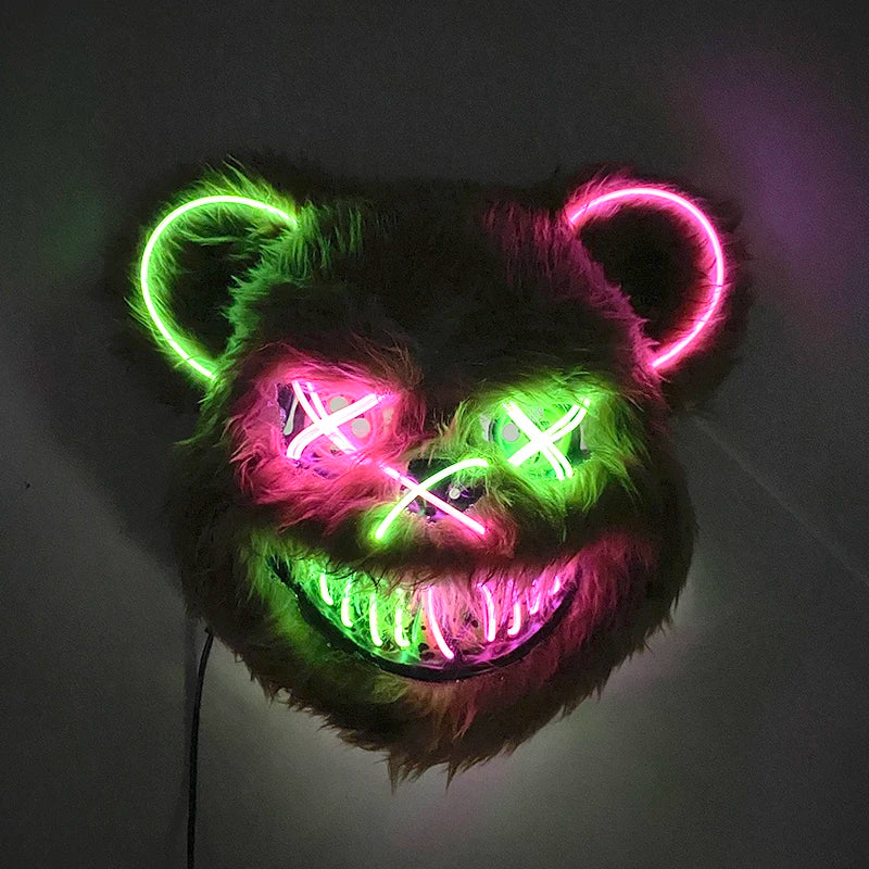 Scary LED Light-Up Halloween Mask | Creepy Rabbit &amp; Bloody Bear Styles | 3-Mode EL Wire Purge Mask