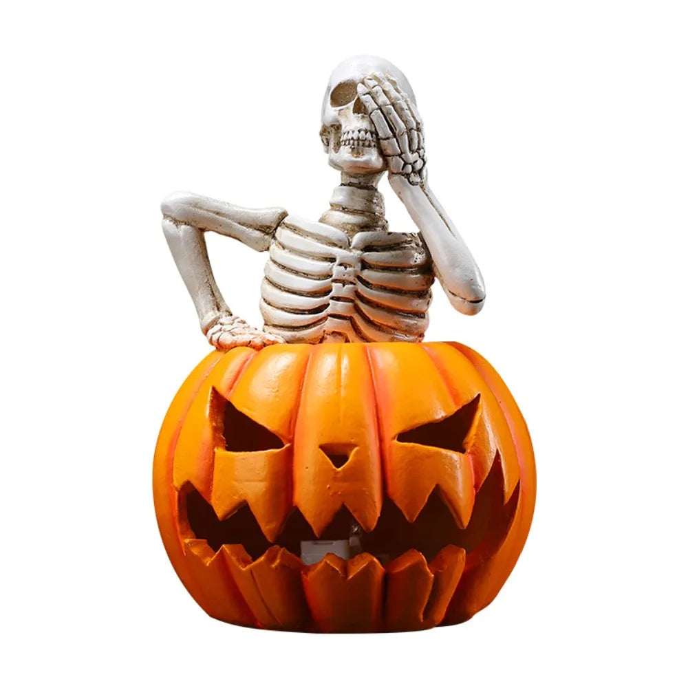 Light-Up Skeleton Pumpkin Figurine | Cute Resin Halloween Tabletop Decor