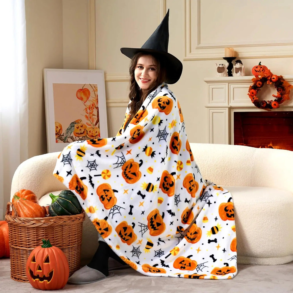 Cute Pumpkin &amp; Candy Plush Throw | Ultra-Soft Coral Fleece Halloween Blanket