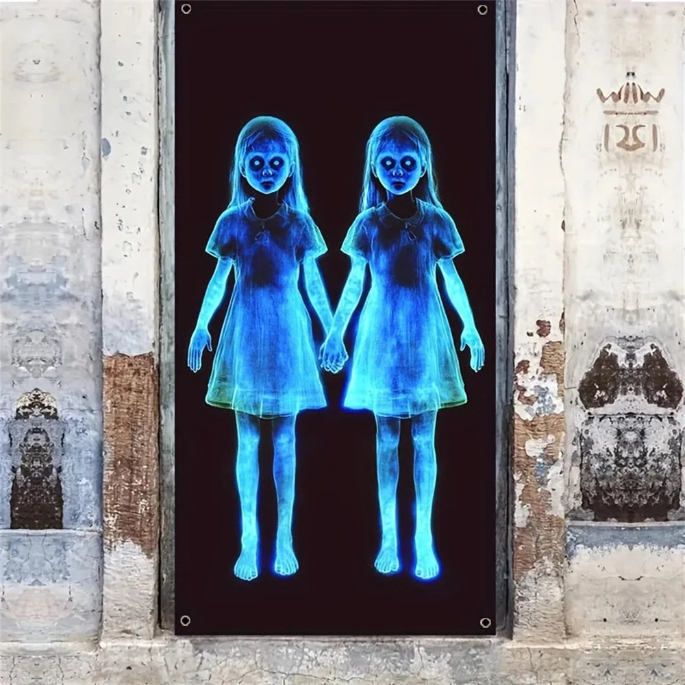 Creepy Ghost Twins Horror Banner | Scary Halloween Party Backdrop