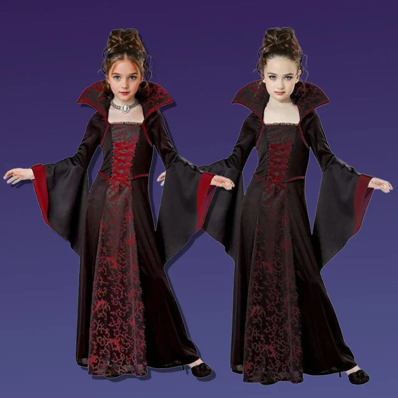 Gothic Vampire Queen Costume for Girls | Elegant Witch Dress Set with Hat & Rose