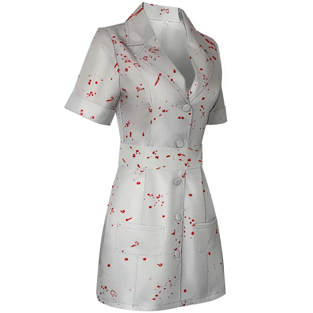 Silent Hill Nurse Cosplay Costume | Horror Bloody Doctor Puppet Bubble Head Faceless Halloween Nurse | White Bloodstained Dress