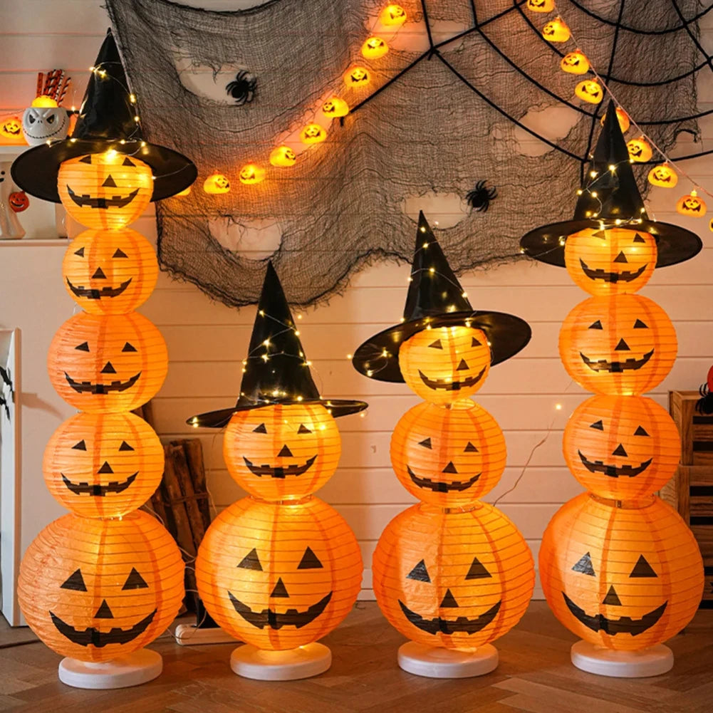 Light-Up Stacked Pumpkin Lantern Tower (with Witch Hat)