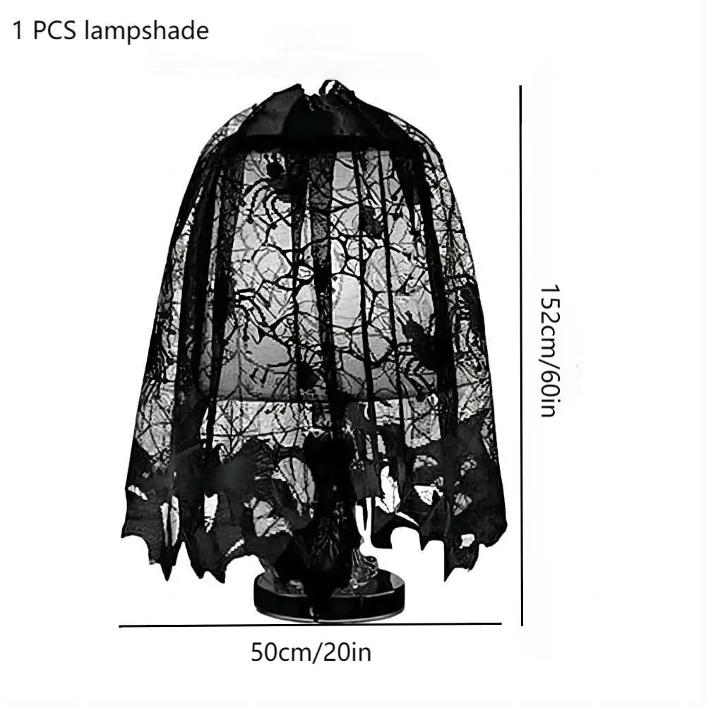 Black Lace Spiderweb Decor Collection | Halloween Mantel Scarf, Lampshade Covers & Table Topper