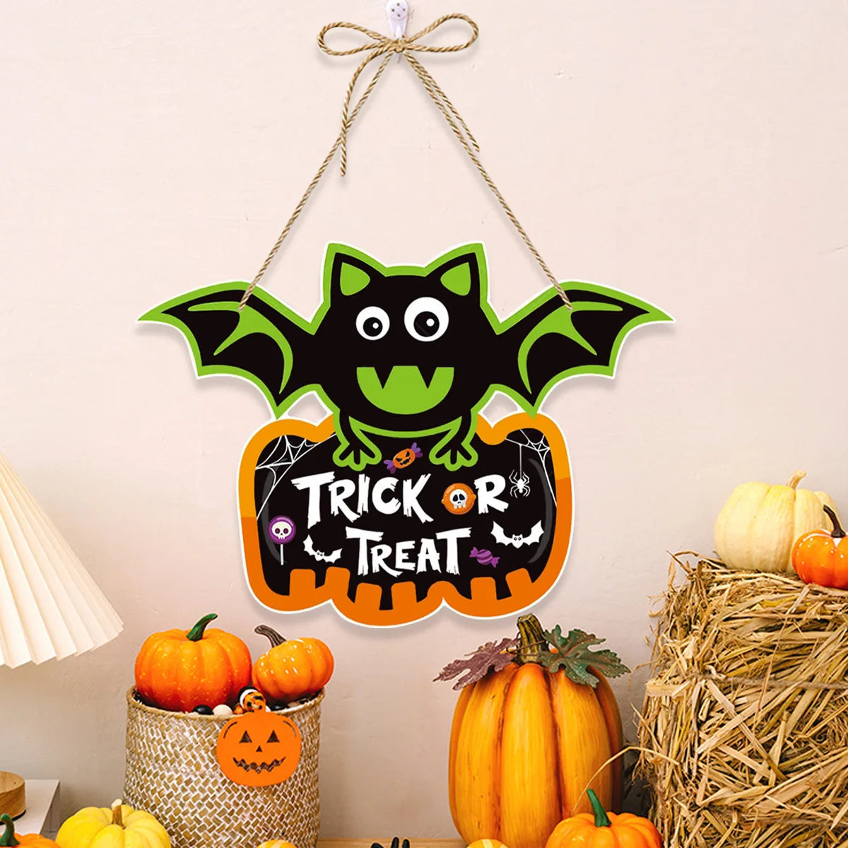 Cute Bat & Pumpkin "Trick or Treat" Hanging Door Sign | Cartoon Halloween Decor