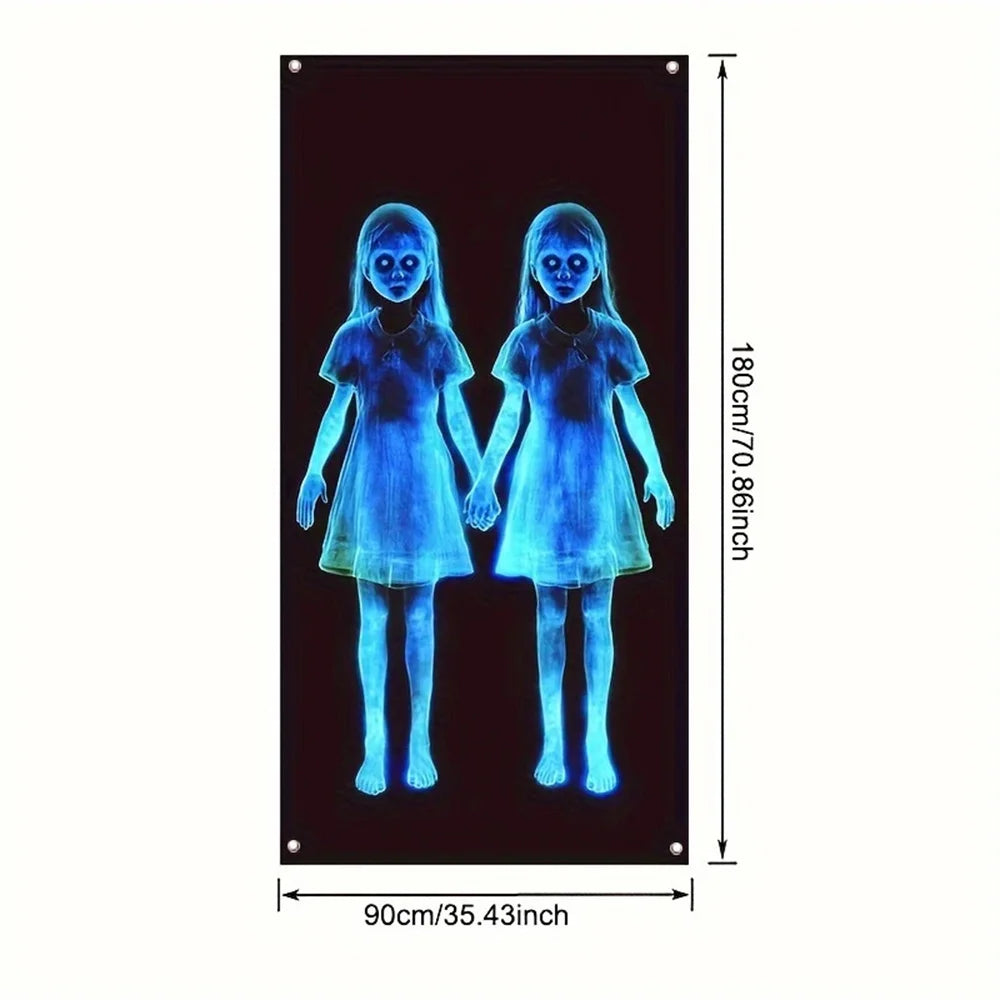 Creepy Ghost Twins Horror Banner | Scary Halloween Party Backdrop