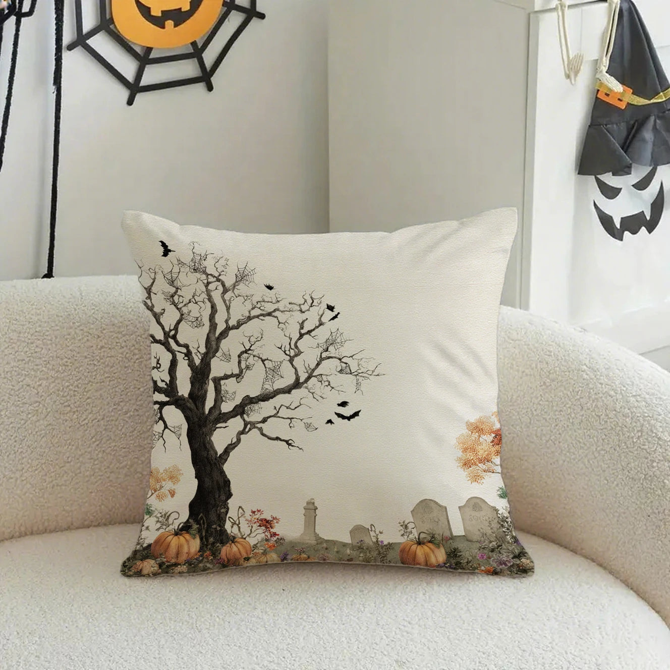 Farmhouse Halloween Pillow Covers | Artistic Ghost, Black Cat & Spooky Tree Cushion Cases