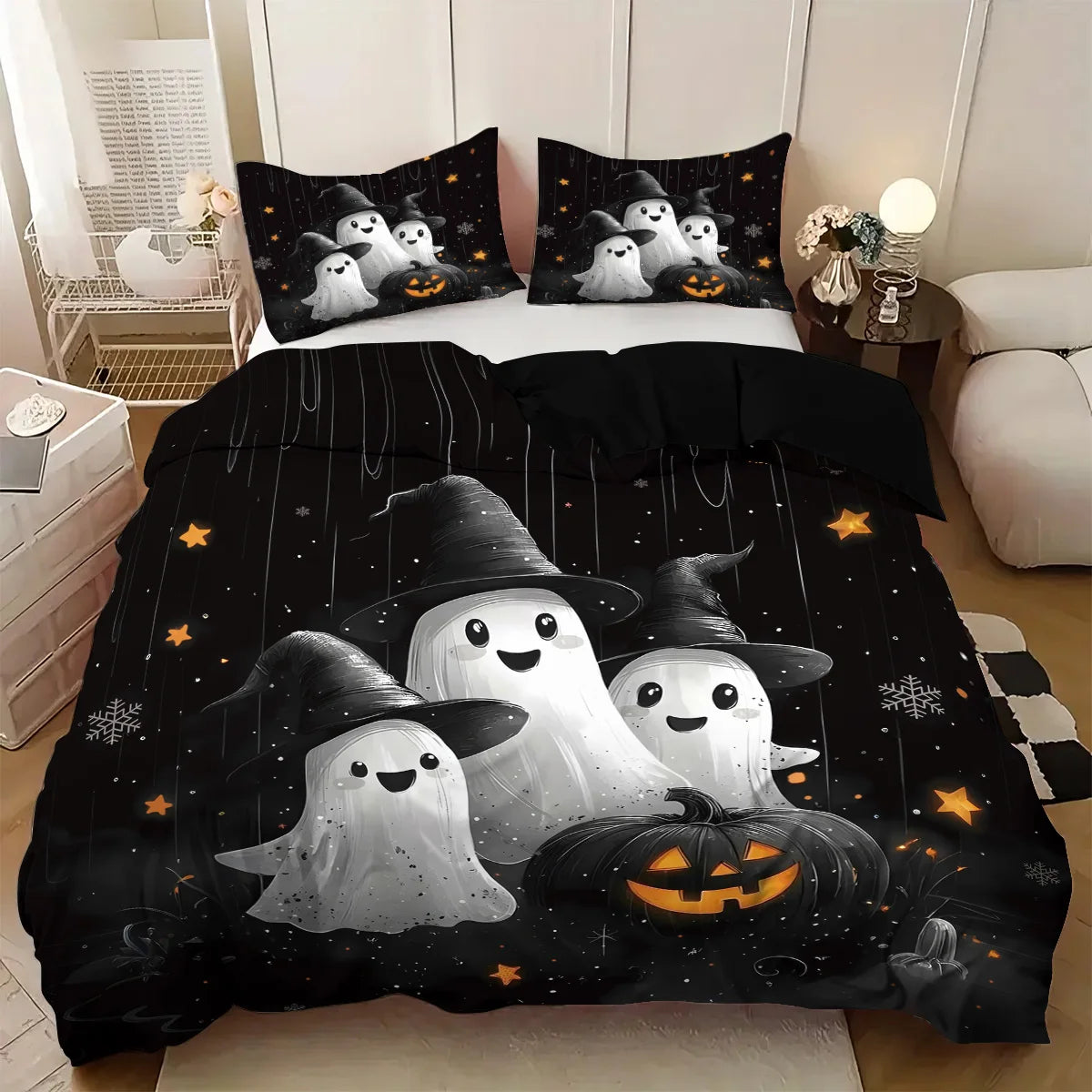 Cute Ghost & Witch Hat 3-Piece Bedding Set | Halloween Duvet Cover with 2 Pillowcases