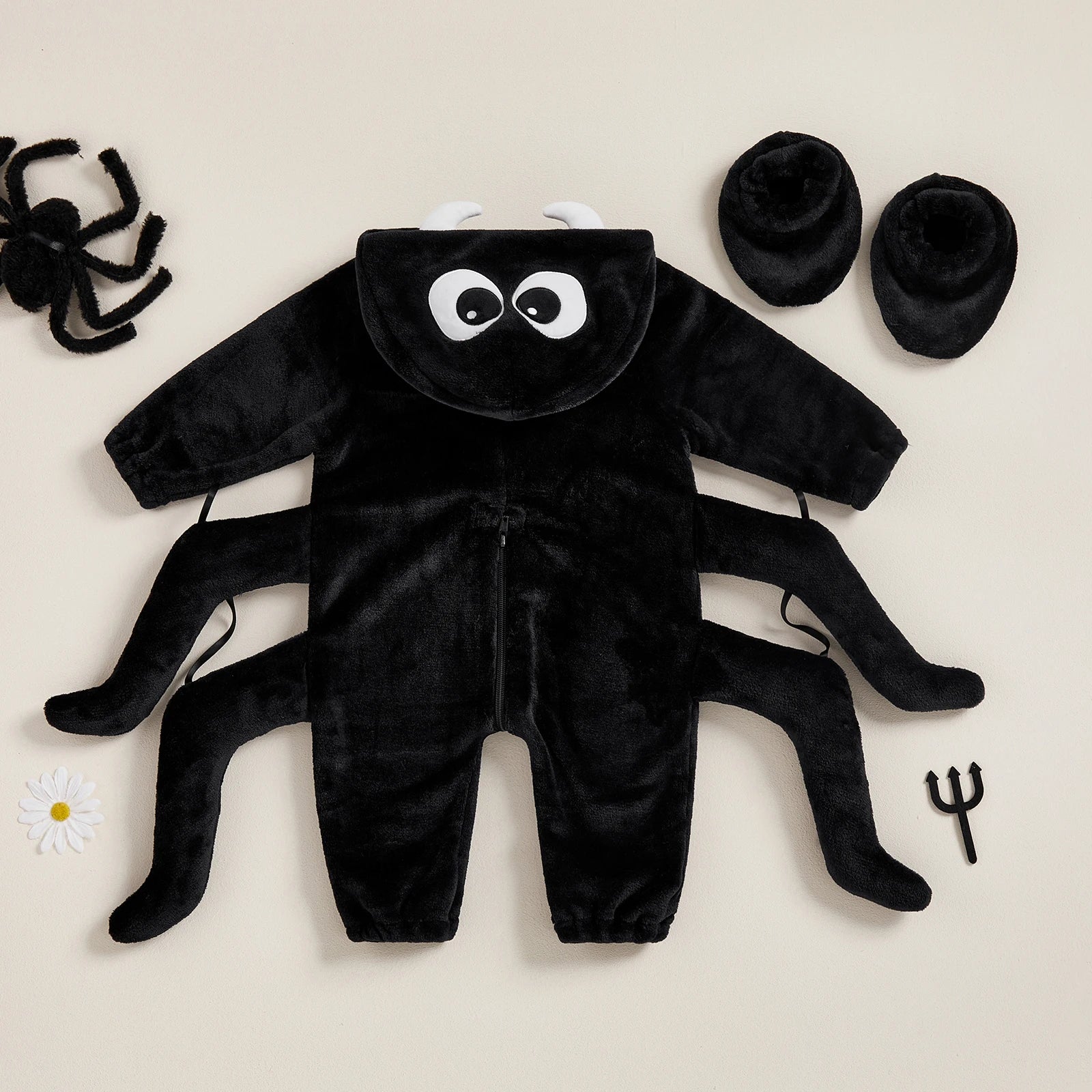 Cute Baby Spider Halloween Costume | Plush Hooded Romper Set with Booties | Deguisement Halloween Bebe