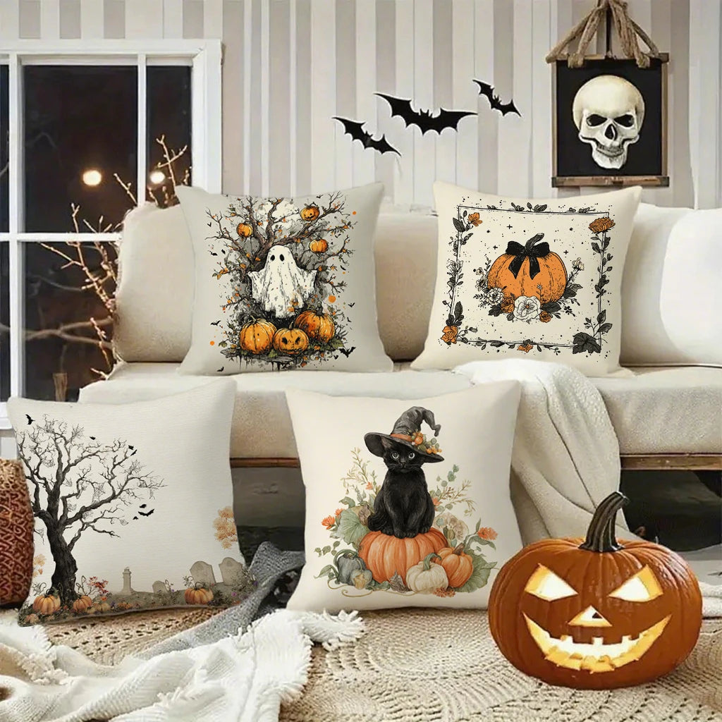Farmhouse Halloween Pillow Covers | Artistic Ghost, Black Cat & Spooky Tree Cushion Cases