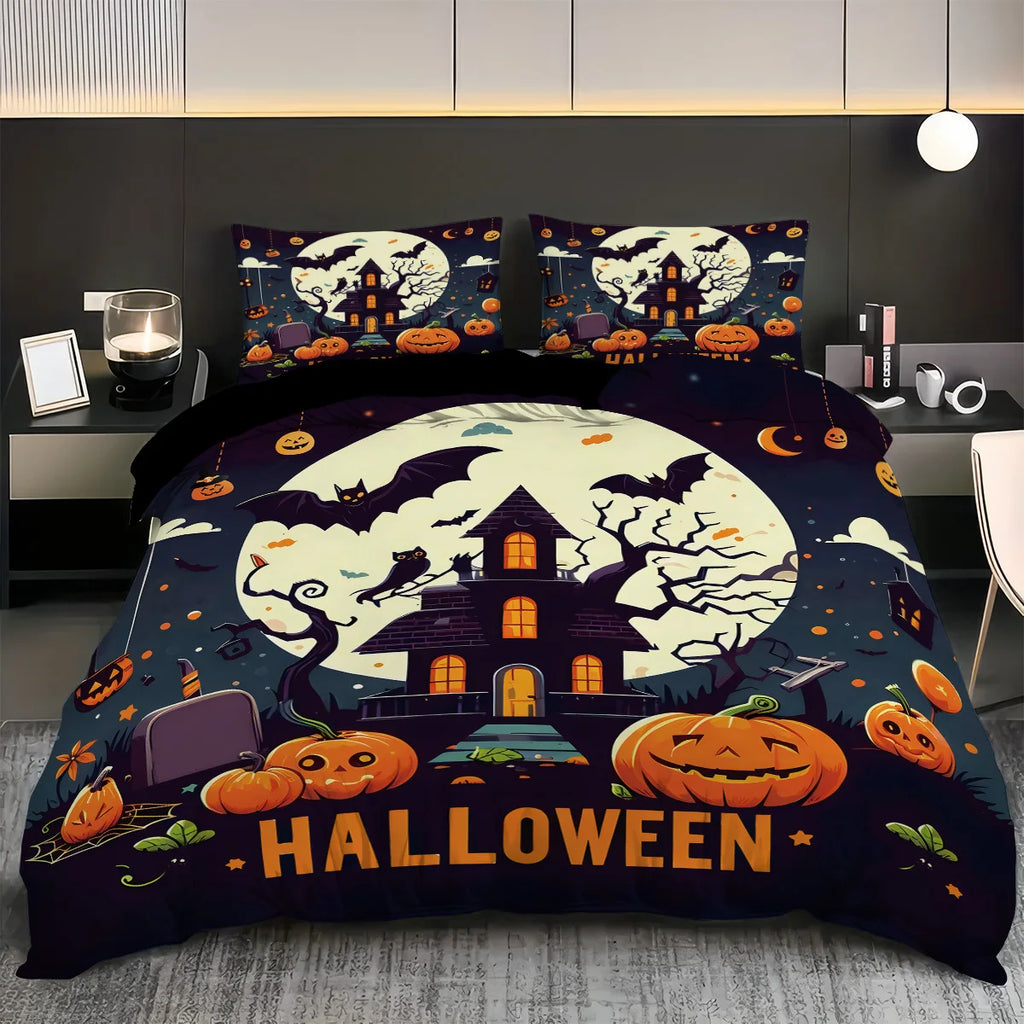 Cute Ghost & Witch Hat 3-Piece Bedding Set | Halloween Duvet Cover with 2 Pillowcases