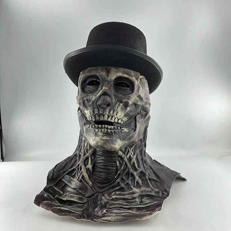 Scary Skeleton Gentleman Mask | Full Head & Chest Latex Horror Mask with Top Hat